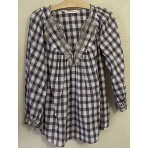 Rebecca Taylor Womens Purple Plaid Lace Trim V-Neck Blouse Top Size S Metallic